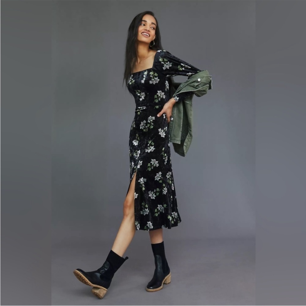 NWT ANTHROPOLOGIE HUTCH sz M Velvet black floral‎ midi dress